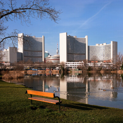 Blick auf die UNO City in Wien