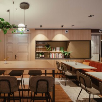 Table with breakfast at Hotel Henriette, near the exhibition center in Vienna.