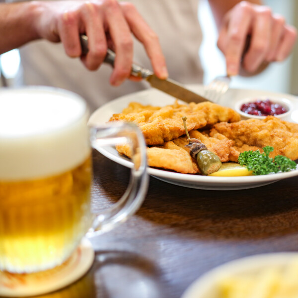 A classic Wiener Schnitzel at Praterwirt in Vienna's Leopoldstadt
