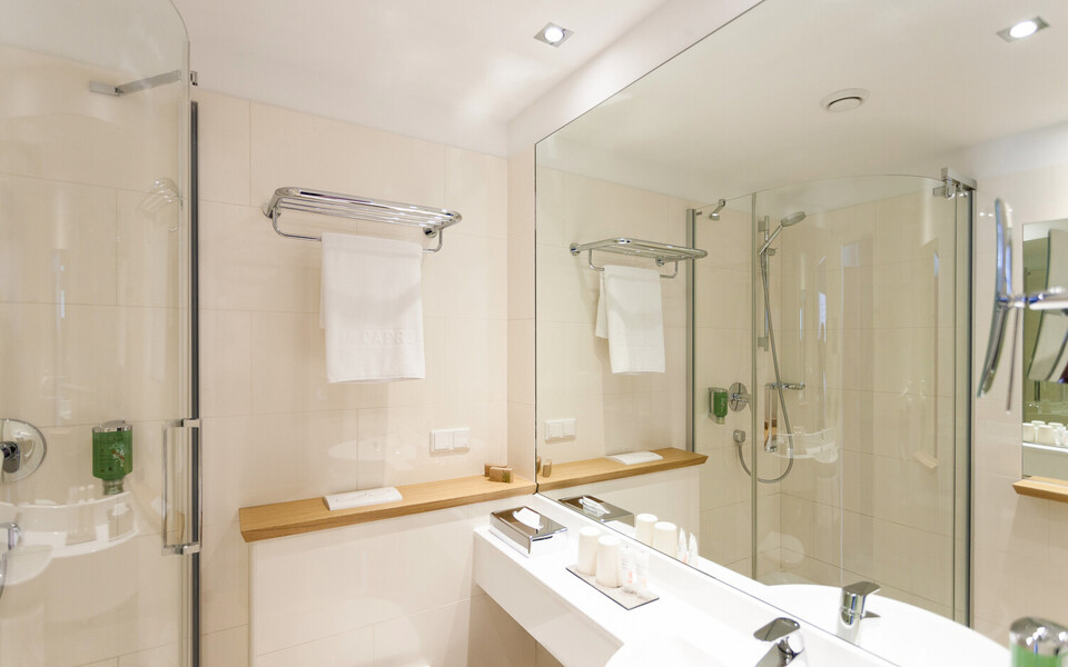 Large bathroom with shower in the superior double room at hotel Henriette in Vienna.