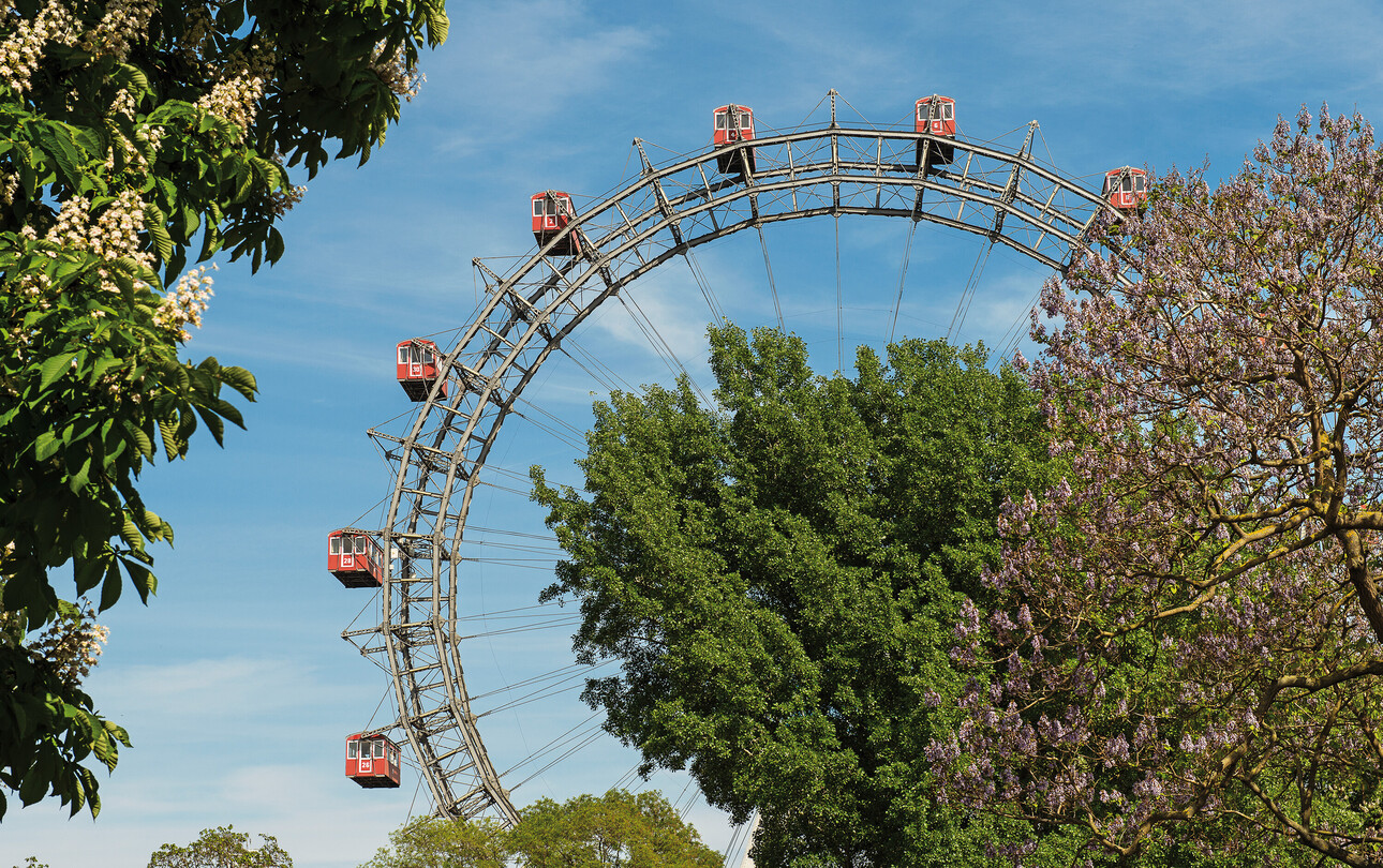 Riesenrad im Prater mit blühenden Bäumen im Vordergrund unter klarem Himmel.