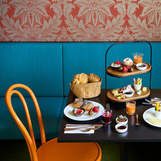Table with breakfast at Hotel Henriette, near the exhibition center in Vienna.