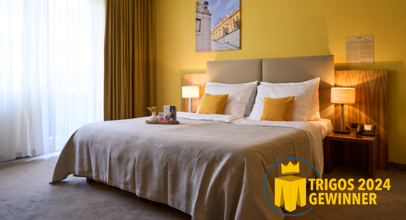 Lovely king-size bed with 100% natural bedding in the cozy hotel room of TRIGOS 2024 winner, Henriette