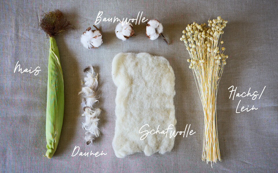 Mais, Daunen, Baumwolle, Schafwolle, Flachs - Naturmaterialien für die Bettwaren im Hotel Henriette in Wien