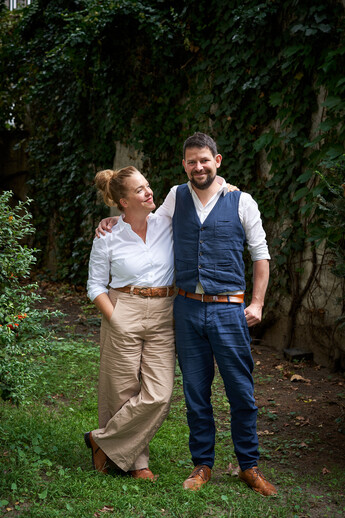 Georg and Verena Pastuszyn in the garden of the 4 star Boutique Hotel Henriette in Vienna.