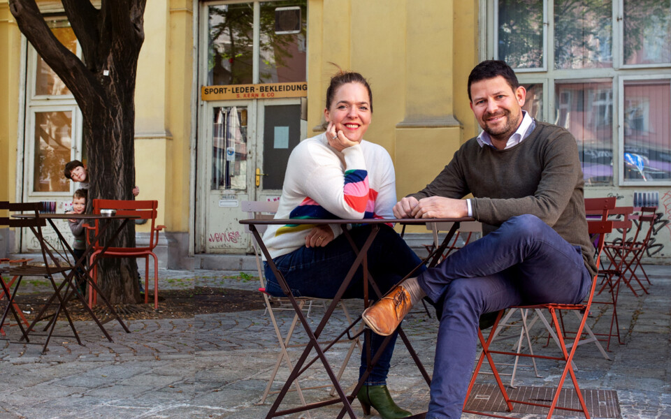 Hotel Henriette's forward-thinkers Verena and Georg Pastuszyn (with their children) in a pub garden on Praterstrasse in Vienna