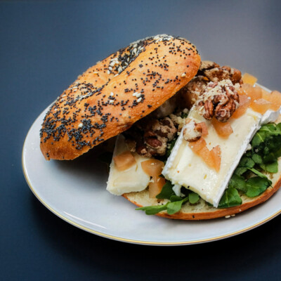 A generously filled bagel.