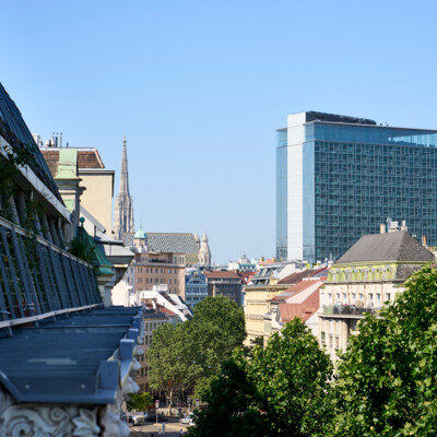 View from the Hotel Henriette along the Praterstrasse towards the Vienna city centre and St Stephen's Cathedral.