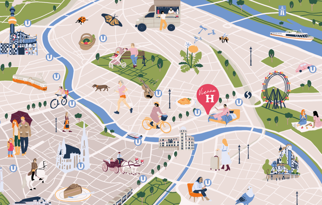 Karte der Sehenswürdigkeiten und Aktivitäten in Wien