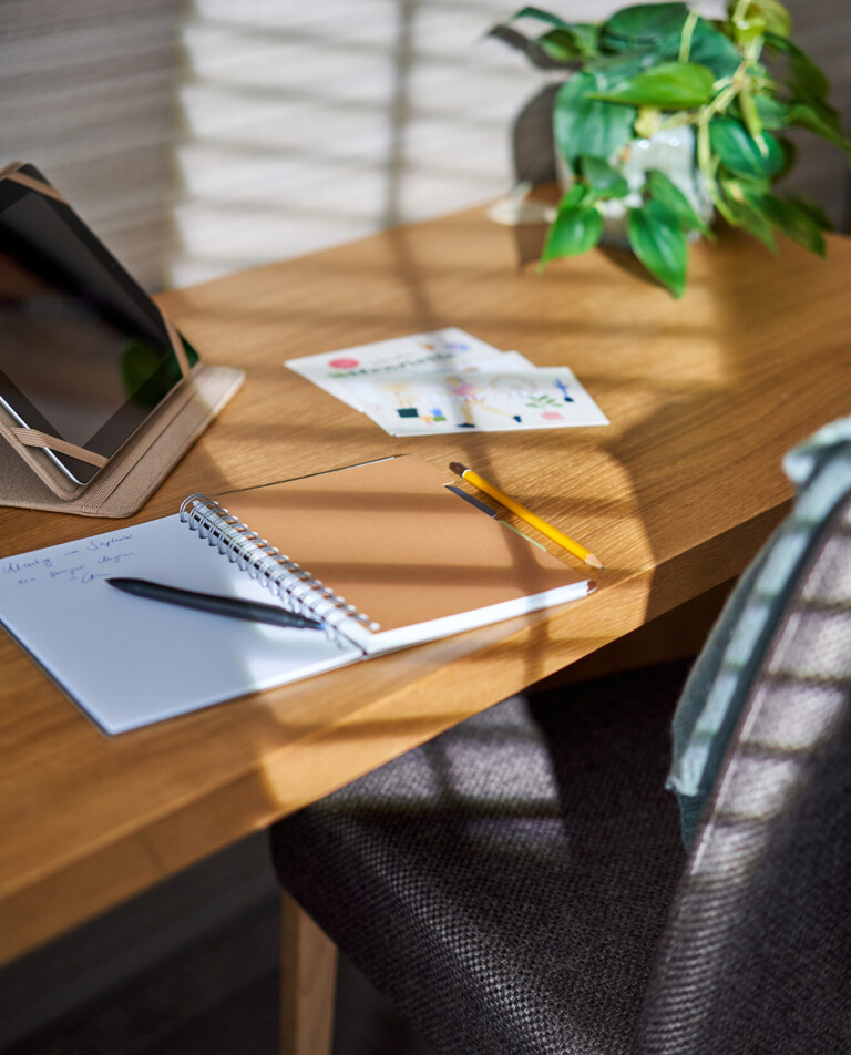 A sunlit desk with a notebook, pen, and plant, creating a cozy work or study space.