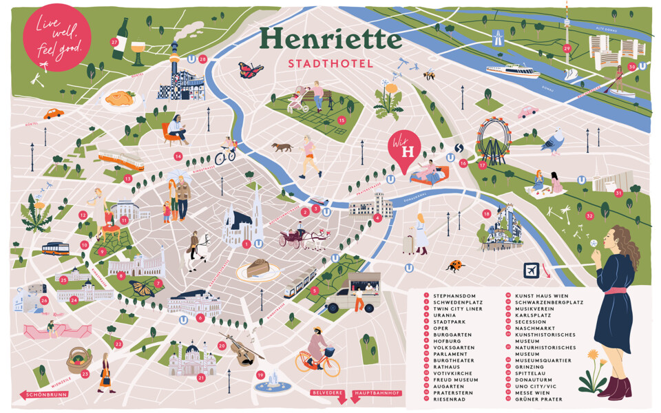Stadtplan der Sehenswürdigkeiten rund um das zentrale Innenstadt-Hotel Henriette in Wien.