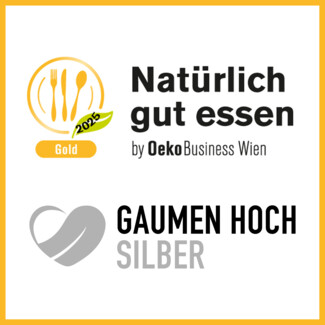 "Natürlich gut essen" and "Gaumen Hoch" organic seal in silver