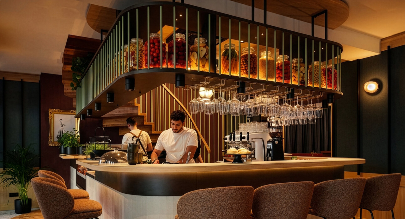 Bar 'Der schöne Ernst' im Henriette Stadthotel mit hohen Hockern, Espressomaschine und hängenden Gläsern, eingerahmt von Einmachgläsern über dem Tresen.