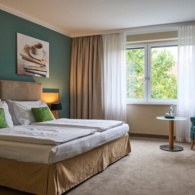 Spacious double room with a double bed and a view of the countryside in the 4-stars Hotel Henriette in Vienna.