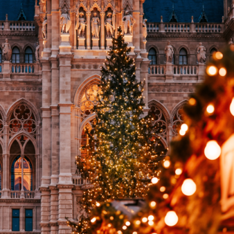 Festive Christmas lights with the Christmas tree in front of Vienna City Hall at the Vienna Christmas Market.