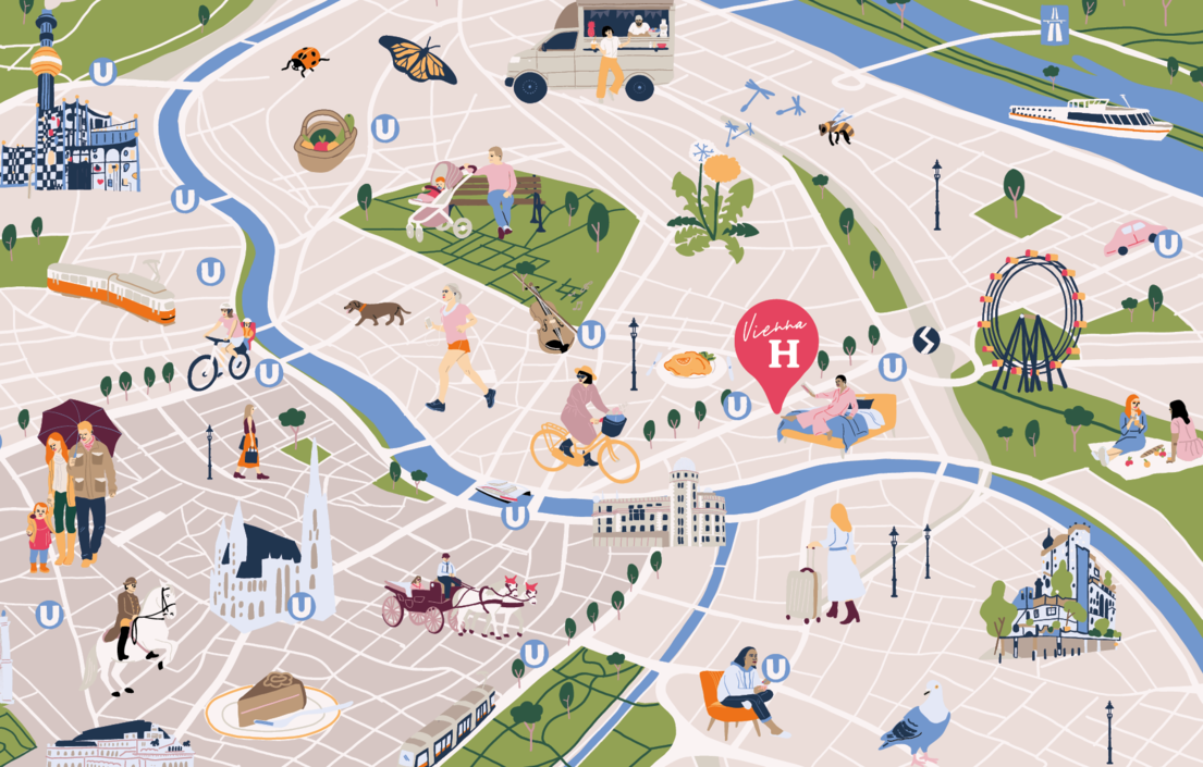 Karte der Sehenswürdigkeiten und Aktivitäten in Wien