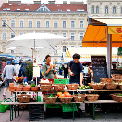 Market stand at the Karmelitermarkt in Vienna's Leopoldstadt