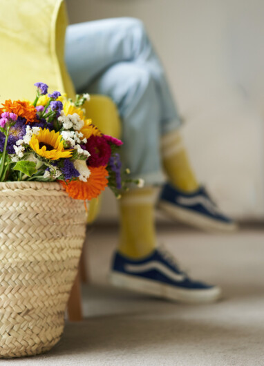 A potted plant and legs of a person