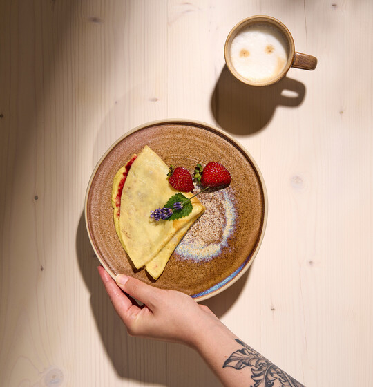 Homemade pancakes with fresh fruit at the Henriette Stadthotel near the Messe Wien Exhibition & Congress Center.