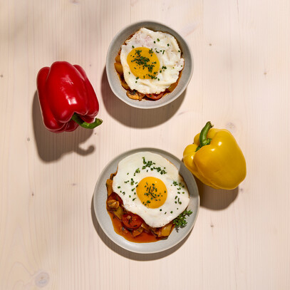Viennese breakfast with fried eggs and paprika at Hotel Henriette in Vienna.