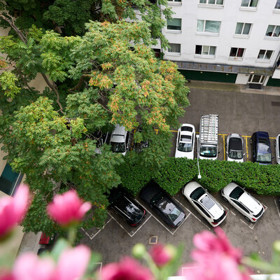 View of the parking lot at the Henriette Stadthotel close to the Messe Wien Exhibition & Congress Center.